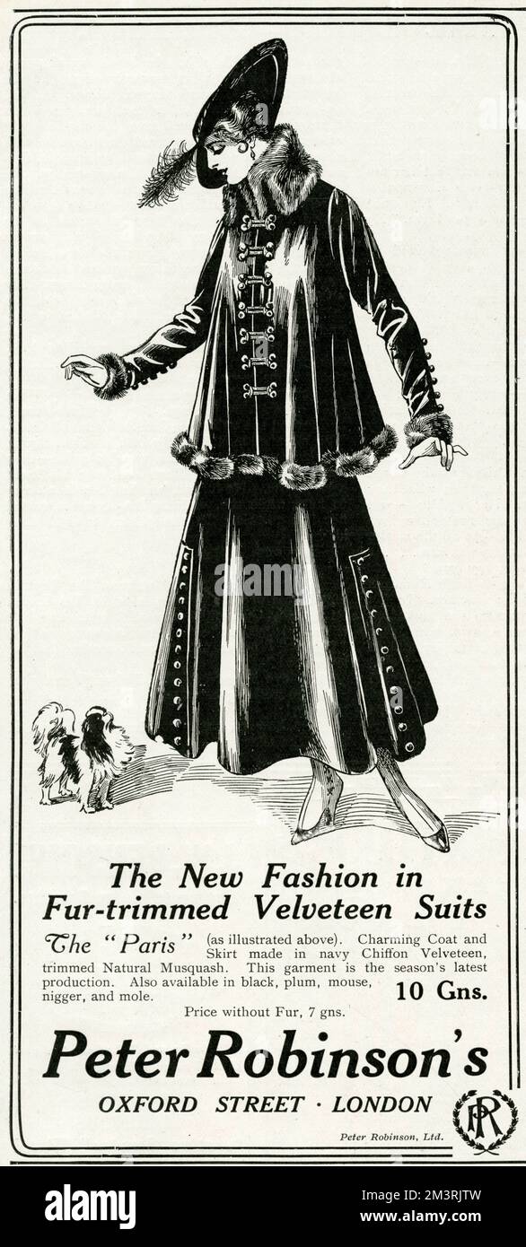 Charming fashionable fur-trimmed Velveteen suit.  1915 Stock Photo