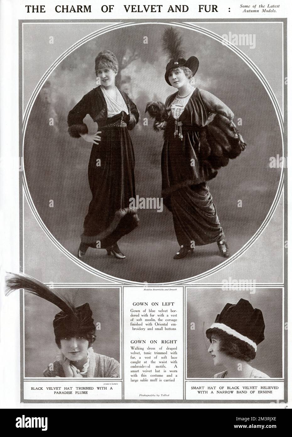 Clothing for the autumn season, left: gown of blue velvet bordered with fur with a vest of soft muslin, the corsage finished with Oriental embroidery and small buttons.  Right: walking dress of draped velvet, tunic trimmed with fur, a vest of soft lace caught at the waist with embroided motifs.  1913 Stock Photo