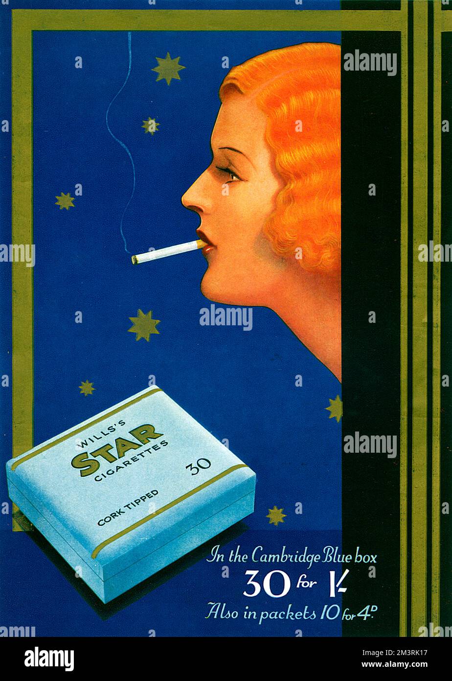 Advertisement for Will's Star Cigarettes (in the Cambridge Blue box), with a red-haired woman enjoying a smoke.     Date: 1935 Stock Photo