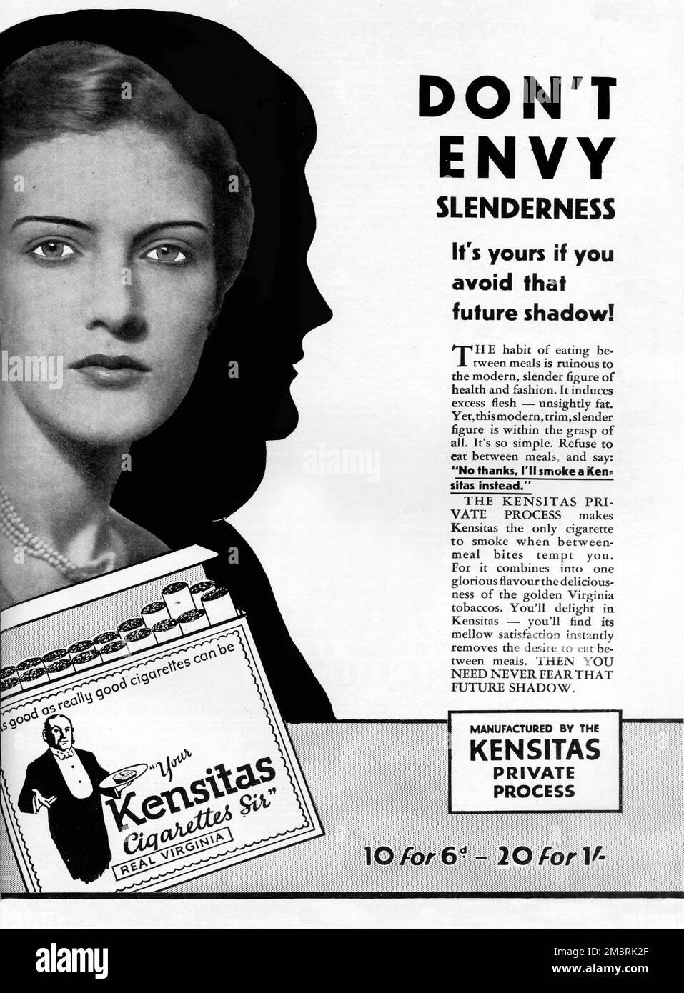 Advertisement for Kensitas cigarettes advising that the best way to avoid eating between meals, gaining 'unslightly fat' and avoiding the future shadow (that of a portly older woman) is to smoke a Kensitas cigarette.    1929 Stock Photo