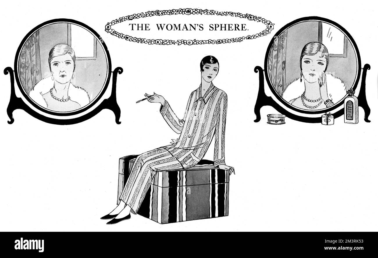 The Sphere's women's section offers a range of &#x82c;a mode style tips: the woman in the top-left has visited Mrs. Adair's salon on Bond Street; the woman in the top-right has used Swedish rubaway in order to keep slim, while using Ganesh Dara to do away with 'superfluous hairs', and Mrs Adair's Eastern Oil to reinvigorate her tired skin. The woman in the centre, meanwhile, is sporting Aertex pyjamas made from artificial silk and cotton.  1927 Stock Photo