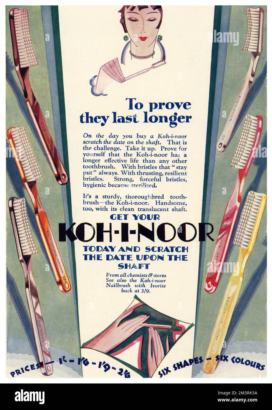 Advertisement for Koh-I-Noor toothbrushes, which encourages customers to scratch the date onto their newly-bought toothbrush to prove that Koh-I-Noor has &quot;a longer effective life than any other&quot;.  1928 Stock Photo