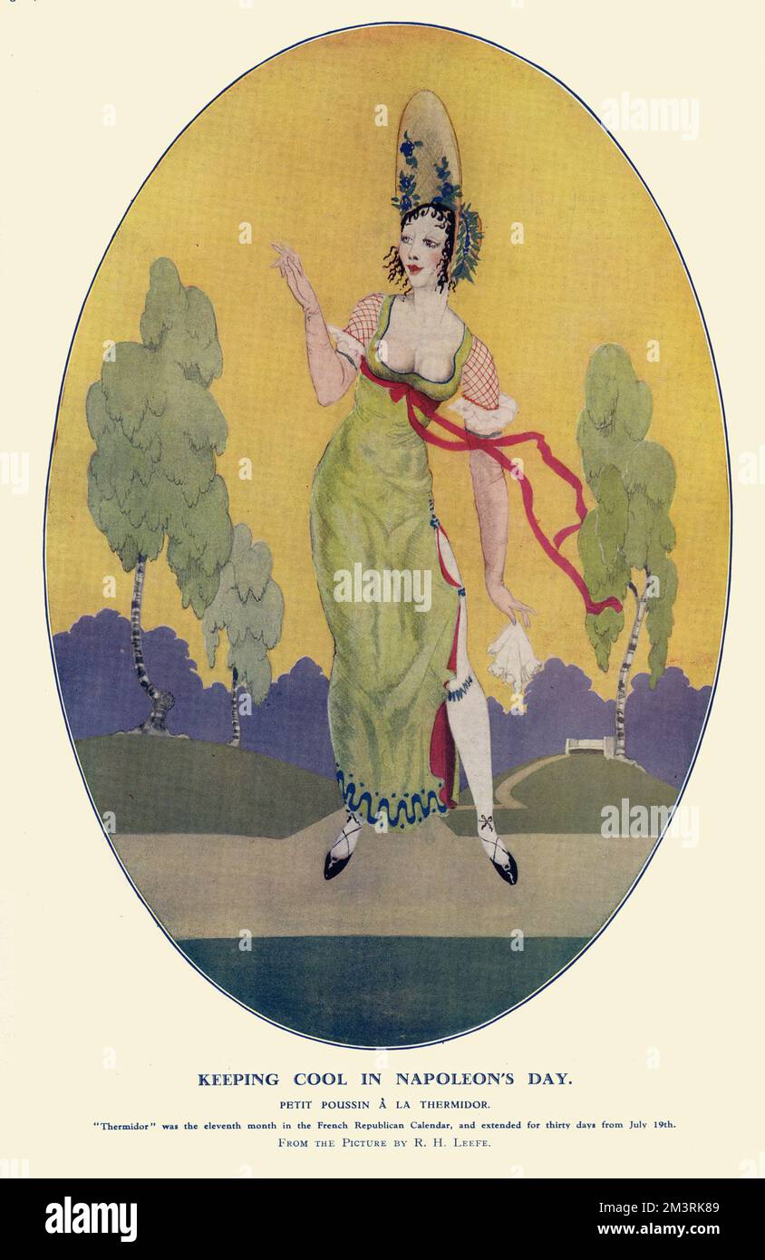 &quot;Petit poussin &#x82c;a Thermidor.&quot; A gaudy and satirical depiction of how French women of the Napoleonic Era dressed in the in the summer months (Thermidor was the eleventh month of the Republican Calendar).  1928 Stock Photo