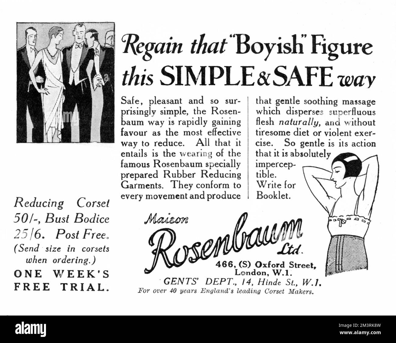 Advertisement from The Sketch for Rosenbaum Rubber Reducing Garments. Their range of corsets and bodices &quot;disperses superfluous flesh naturally&quot;.   1928 Stock Photo