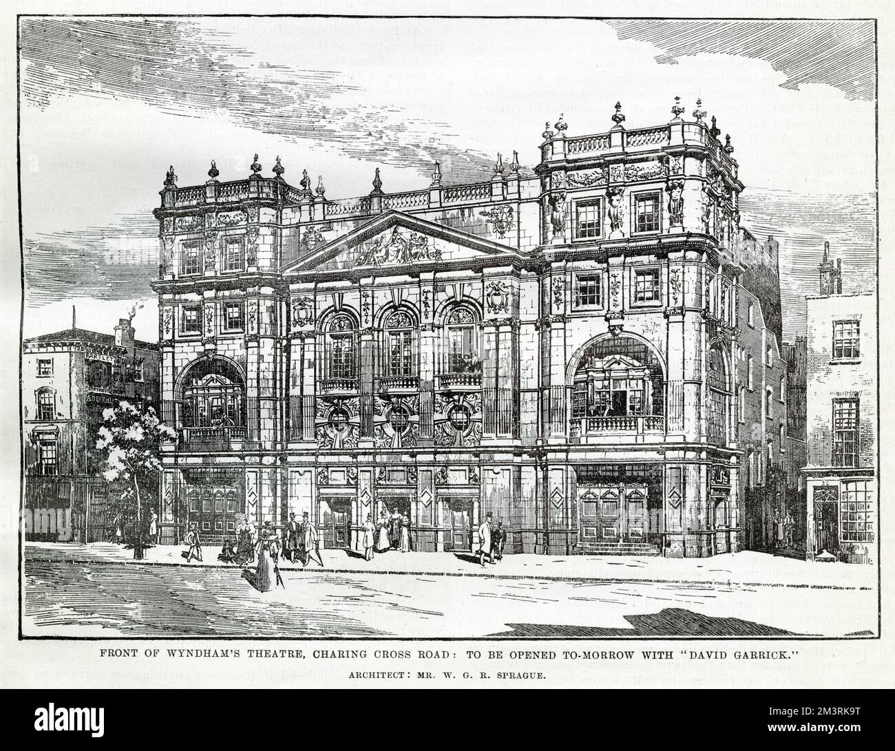 Front of Wyndham's Theatre, Charing Cross Road, London designed by the architect, Mr W. G. R. Sprague, opened by Charles Wyndham in 1899.     Date: 1899 Stock Photo