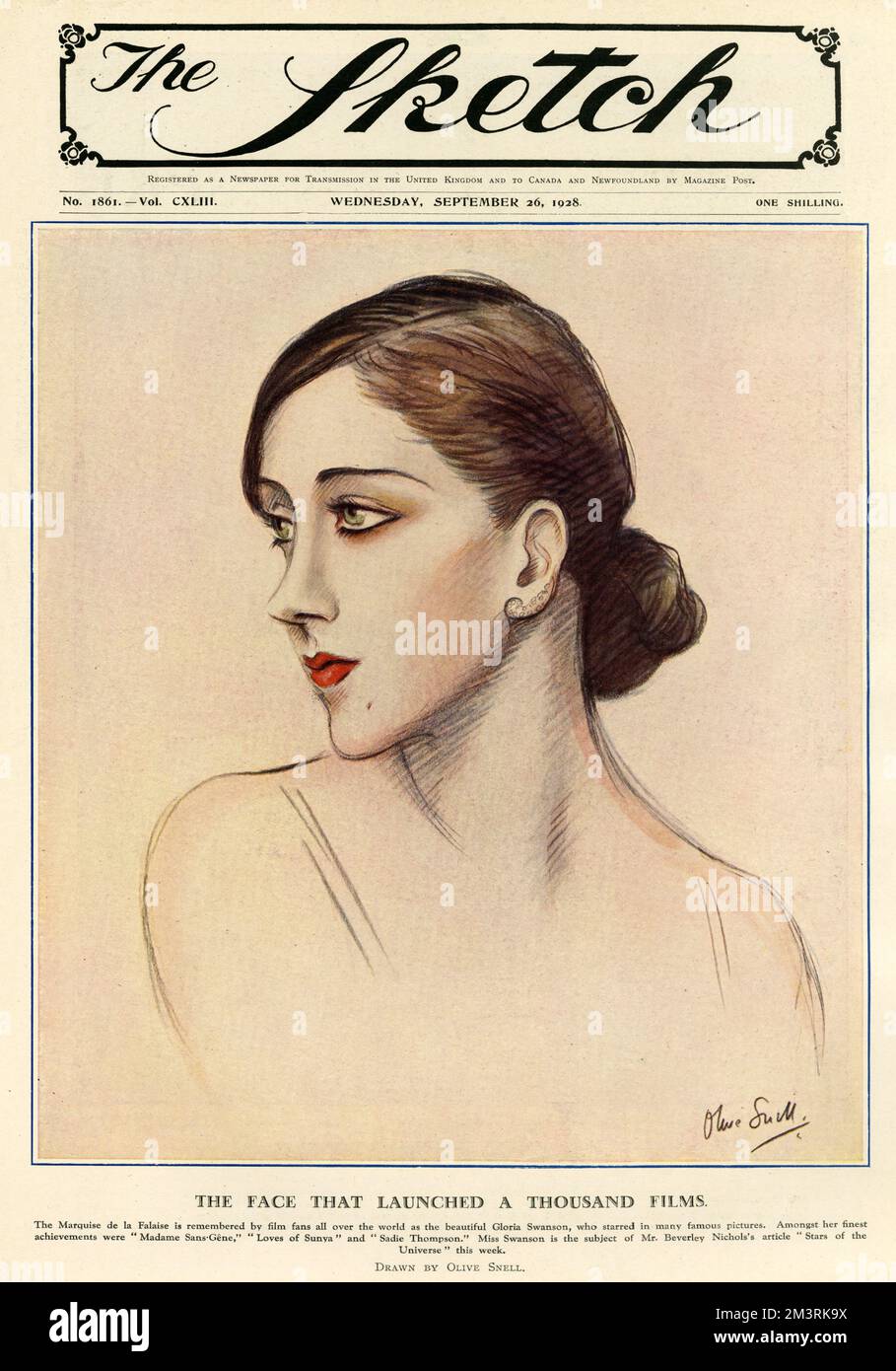 Actress Gloria Swanson (1899-1983) depicted on the front cover of The Sketch magazine. At the time she was married to Henry de la Falaise.   1928 Stock Photo