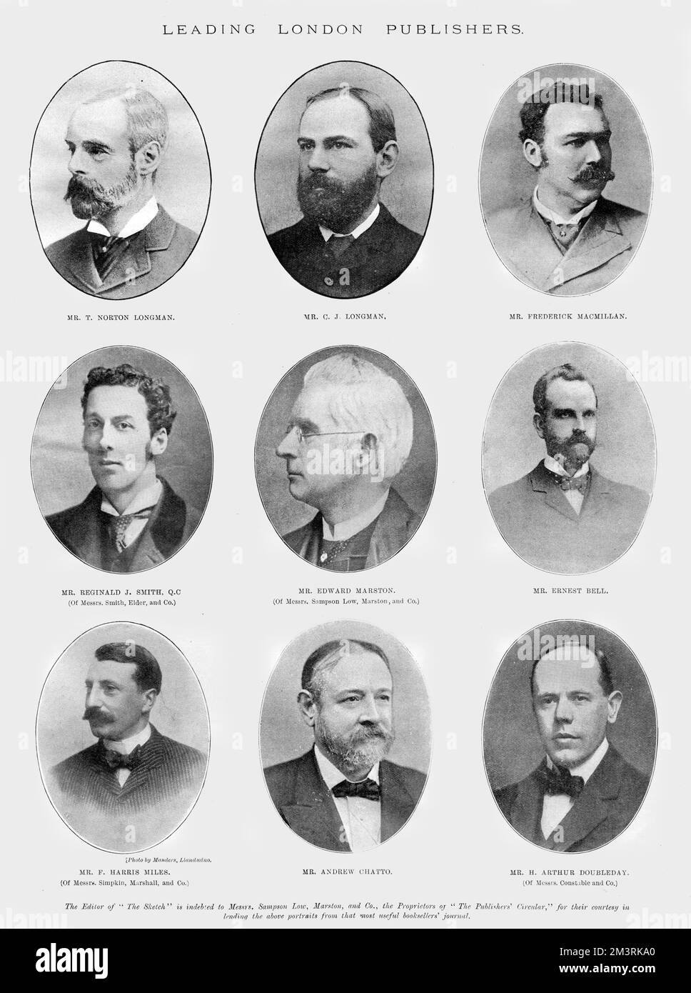 Page from The Sketch magazine featuring portraits of leading London publishers.  Top row from left: Mr T. Norton Longman, Mr C. J. Longman, Mr Frederick Macmillan.  Middle rown from left, Mrs Reginald J. Smith Q.C (of Messrs. Smith, Elder &amp; Co), Mr Edward Marston (of Messrs. Sampson Low, Marston and Co), Mr Ernest Bell.  Bottom row from left: Mr Harris Miles (Of Messrs. Simpkin, Marshall &amp; Co), Mr Andrew Chatto and Mr H. Arthur Doubleday (Of Messrs Constable and Co).  1899 Stock Photo