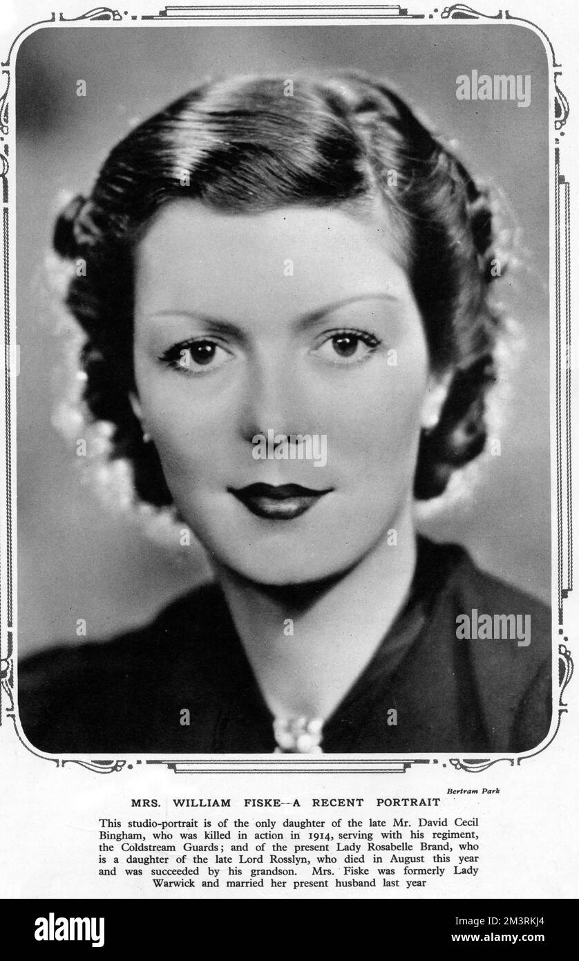 Portrait of Mrs William Fiske, formerly Miss Rose Bingham, Countess of Warwick.  After her divorce from her first husband, the Earl of Warwick, Rose married Billy Fiske, an American bobsled champion.  He was killed while serving with the RAF in 1940.       Date: 1939 Stock Photo