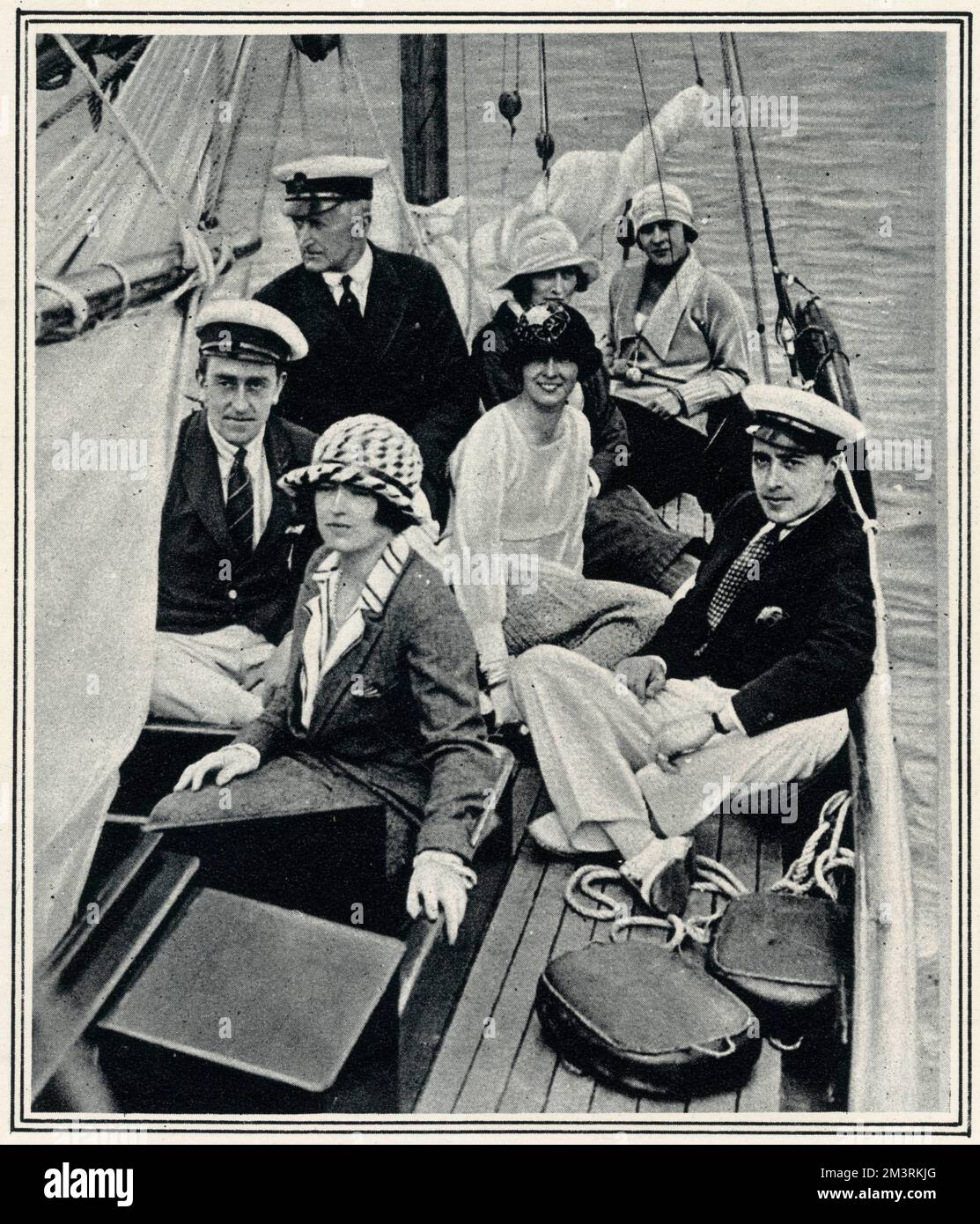 On board the 'Solace' during Cowes Week - the Hon. Ruby Hardinge, Miss Meeking, Lady Milford Haven (previously Countess Nada Torby), Princess Margaret of Greece, Lord Milord Haven (previously Prince George of Battenberg), Mr F. Chaplin and Count Michael Torby, brother of Nada.     Date: 1922 Stock Photo
