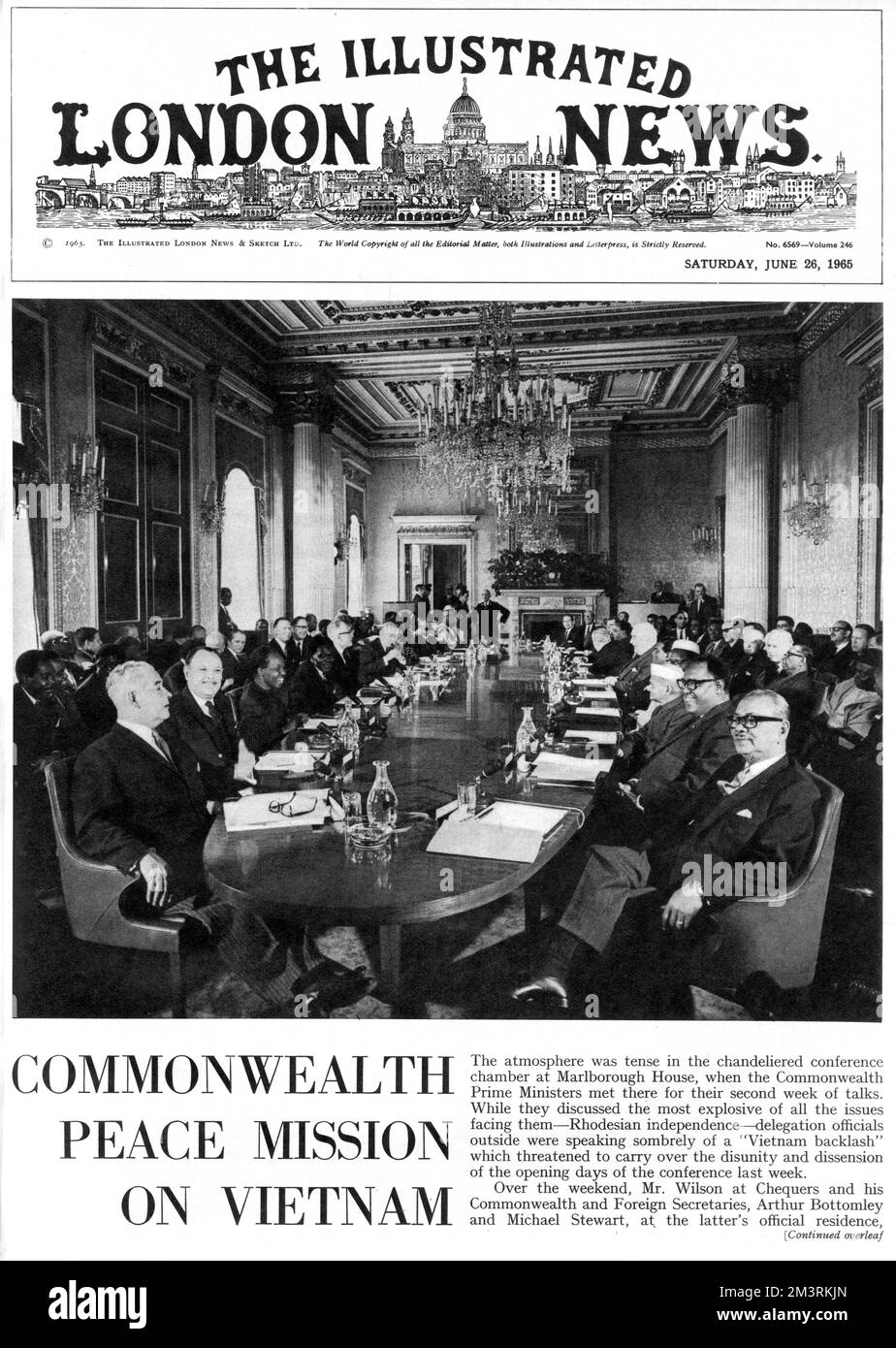 A front page from The Illustrated London News, dated 26th June 1965, showing the Commonwealth prime ministers gathered at Malborough House at the time of the Vietnam War.  1965 Stock Photo