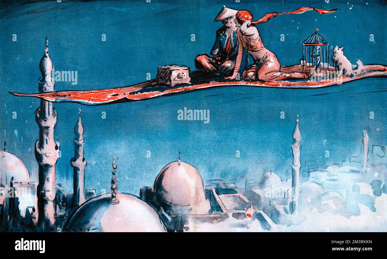 A couple - he in Chinese costume, she in harem pants - flying on a magic carpet above the onion domes and minarets of an Arabian city.       Date: 1932 Stock Photo