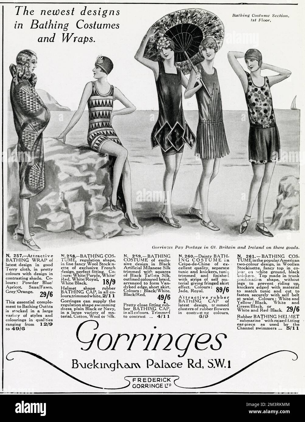 One piece swimsuits and separate tunics with knickers in a variety of styles in different colours and patterns and also rubber caps with flowers, available at Gorringes, Buckingham Palace Road, London.  1927 Stock Photo