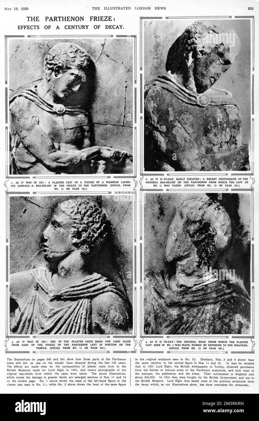 The Parthenon frieze: effects of a century of decay. Plaster casts of parts of the frieze left in place on the temple made for Lord Elgin in 1801 compared with how it was in 1929 after a century of exposure to the weather and other damaging forces.     Date: 1929 Stock Photo