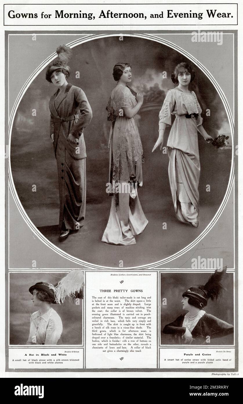 Three women models wearing pretty fashionable frocks for morning, evening and afternoon, Morning clothing, khaki tailor-made jacket with belt and brown velvet collar.  Evening  dress, peach coloured charmeuse, veiled with rich lace.  Afternoon frock, is fashioned in light blue charmeuse, the skirt being draped over a foundation of similar material, bodice finished with a row of buttons on one side with buttonholes on the other side.       Date: 1913 Stock Photo