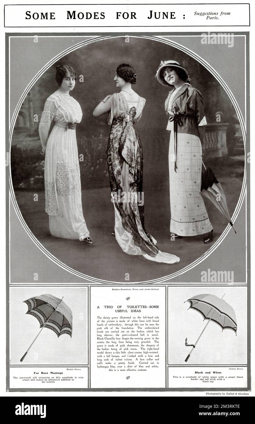 Women models wearing a suggestion of fashionable dresses and accessories from Paris.     Date: 1913 Stock Photo