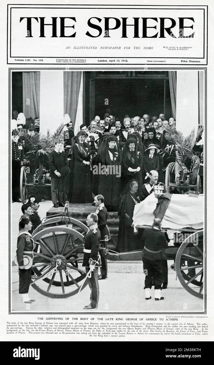 The body of the late King George of Greece was conveyed with all state from Salonica, where he was assassinated in the hour of his country's victory, to the capital city of Athens.  The coffin surmounted by the late monarch's military cap, was places upon a gun-carriage which was guarded by naval and military detchments.  Photograph was just as the procession was setting out from the Cathedral to the Larissa Station in Athens for conveyance by rail to the family mausoleum at Tatoi, where the late King had a summer house. Stock Photo