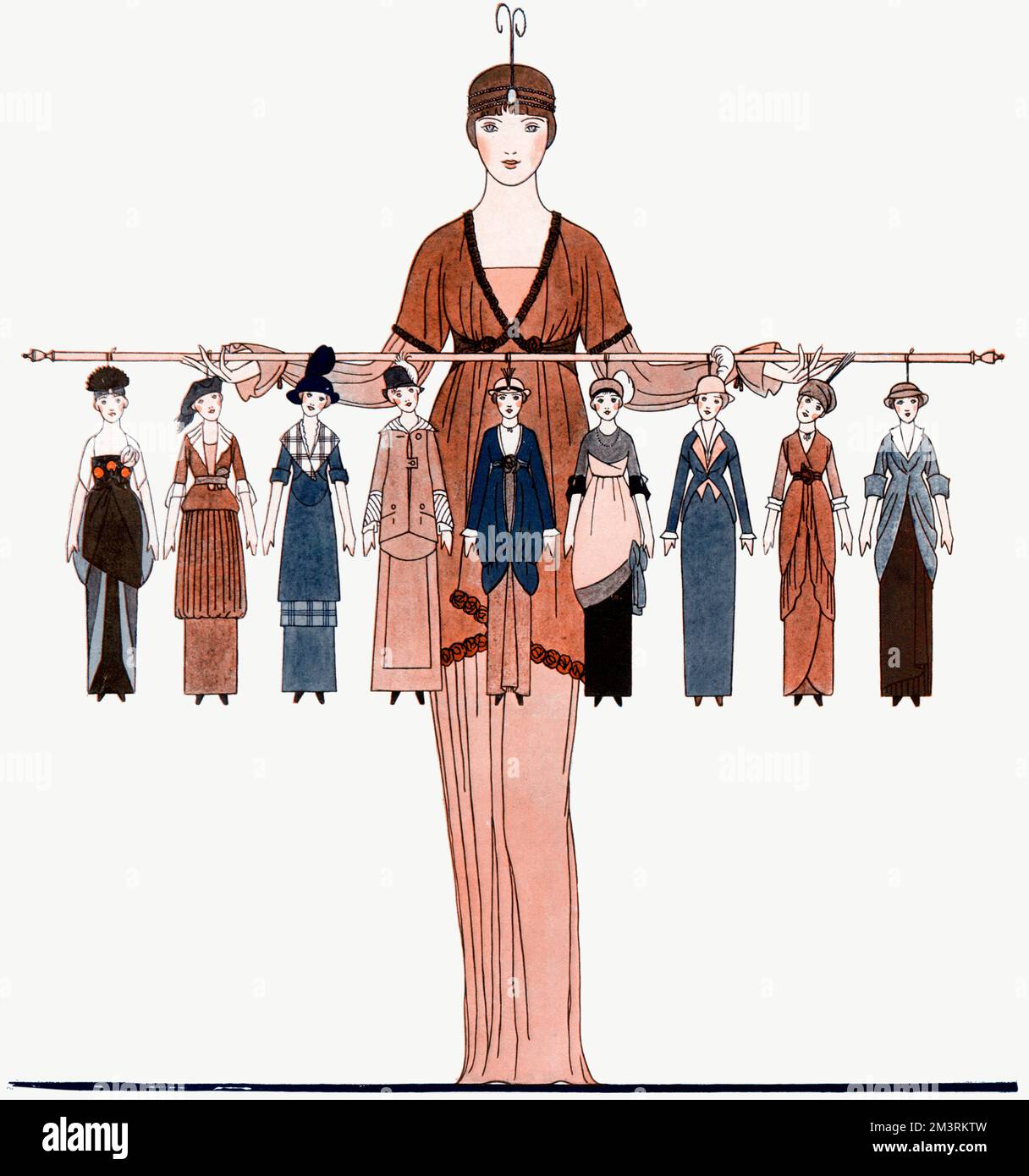 Woman's wardrobe of pre World War One, showing evening gowns to frocks to outdoor wear.  1913 Stock Photo