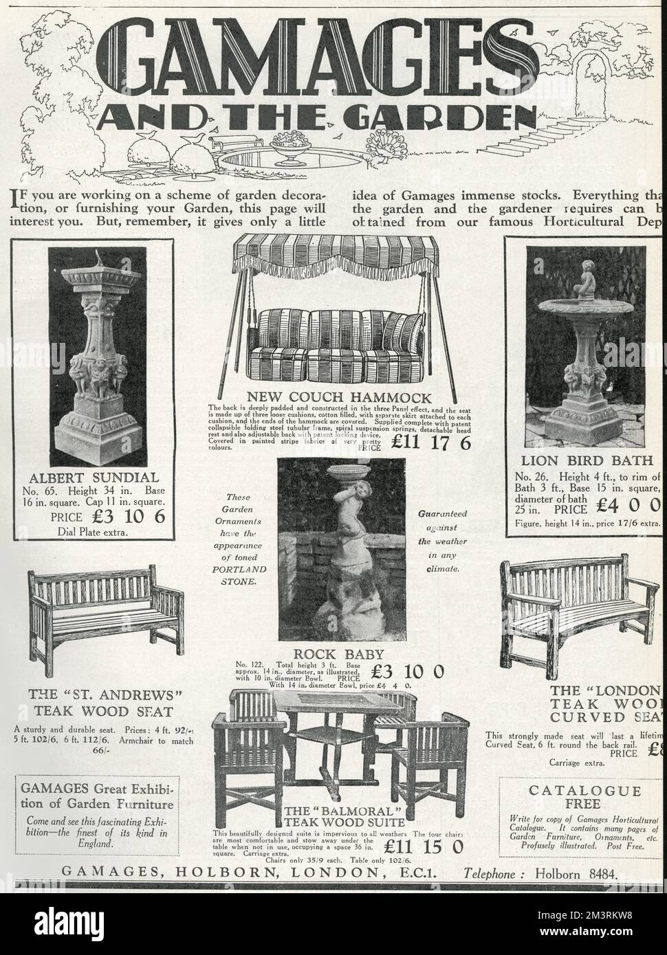 Page of garden furnishing and concrete accessories, all available from Gamages.  1929 Stock Photo