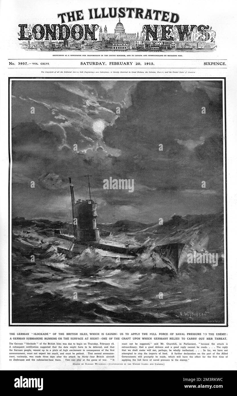 A German submarine running on the surface of the sea at night in 1915 during the German blockade of the British Isles in World War One.      Date: 1915 Stock Photo