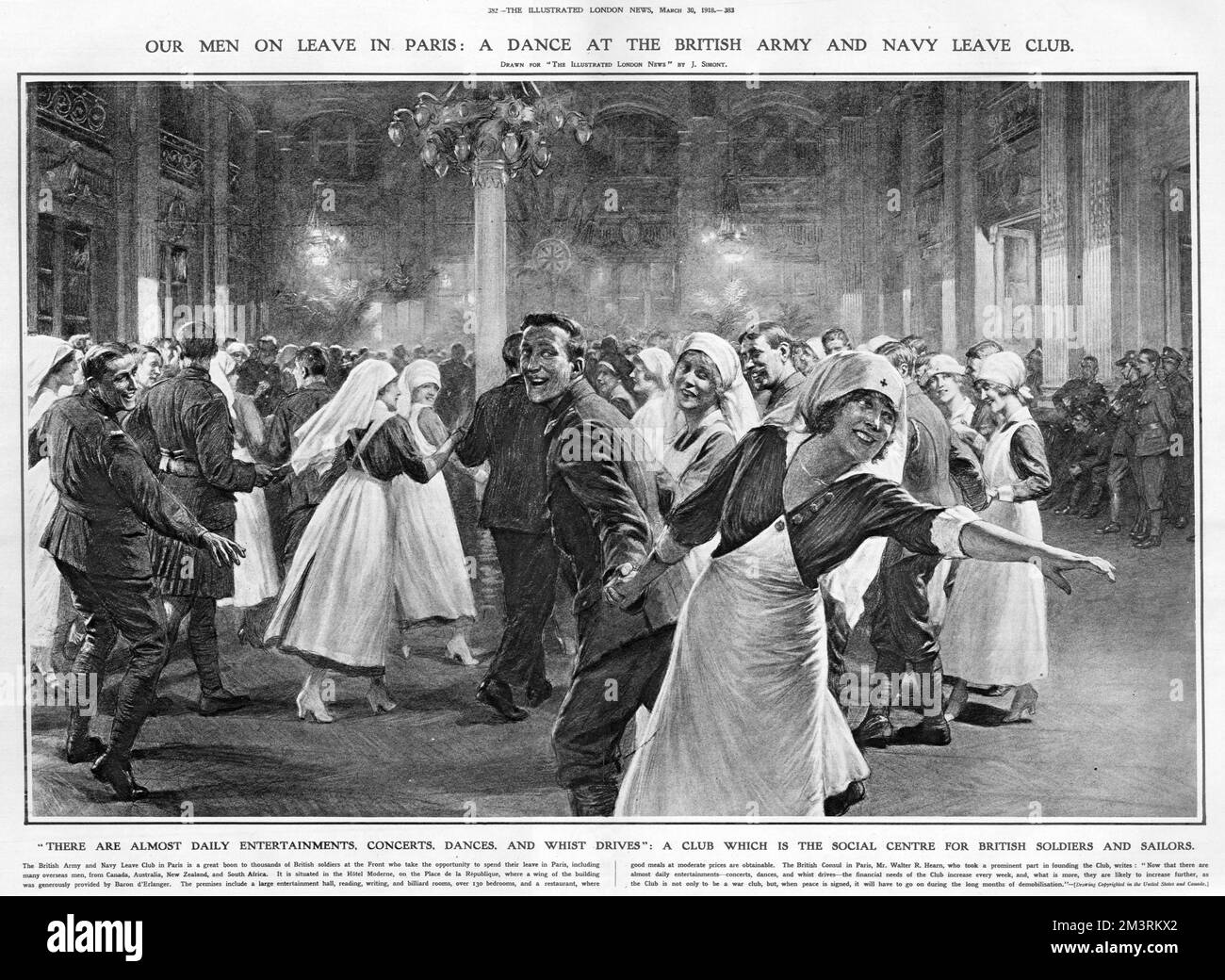 Our men on leave in Paris: a dance at the British Army and Navy Leave Club, 1918. The British Army and Navy Leave Club in Paris is a great boon to thousands of British soldiers at the Front who spend leave in Paris, including many overseas men from Canada, Australia, New Zealand and South Africa. It is situated in the Hotel Moderne on the Place de la Republique. There are almost daily entertainments such as concerts, dances and whist drives, making it the social centre for British soldiers and sailors.     Date: 1918 Stock Photo