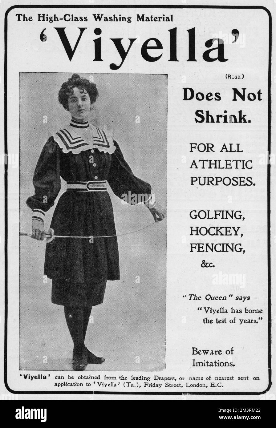 Advertisement for Viyella, 'high-class washing material' suitable for all athletic purposes including golfing, hockey and fencing.  Ideal for the active young woman of 1903.  1903 Stock Photo