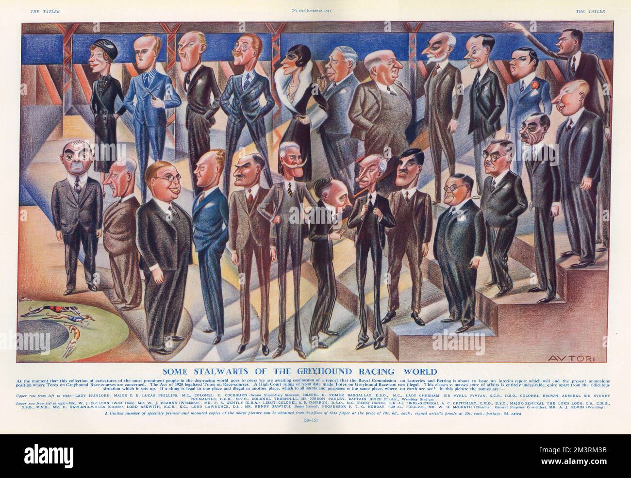 Caricatures of well-known personalities in the greyhound racing world in 1933.  Among those shown is A. C. Critchley and Lady Chesham.     Date: 1933 Stock Photo