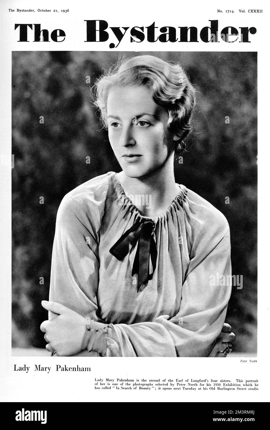 Lady Mary Katherine Clive (n&#x9960;Pakenham 23 August 1907  19 March 2010), British writer and historian, known for her memoirs of her family and her time as a debutante.  Pictured on the front cover of The Bystander, one of a number of photographic portraits by Peter North in an exhibition entitled, 'In Search of Beauty'.       Date: 1936 Stock Photo