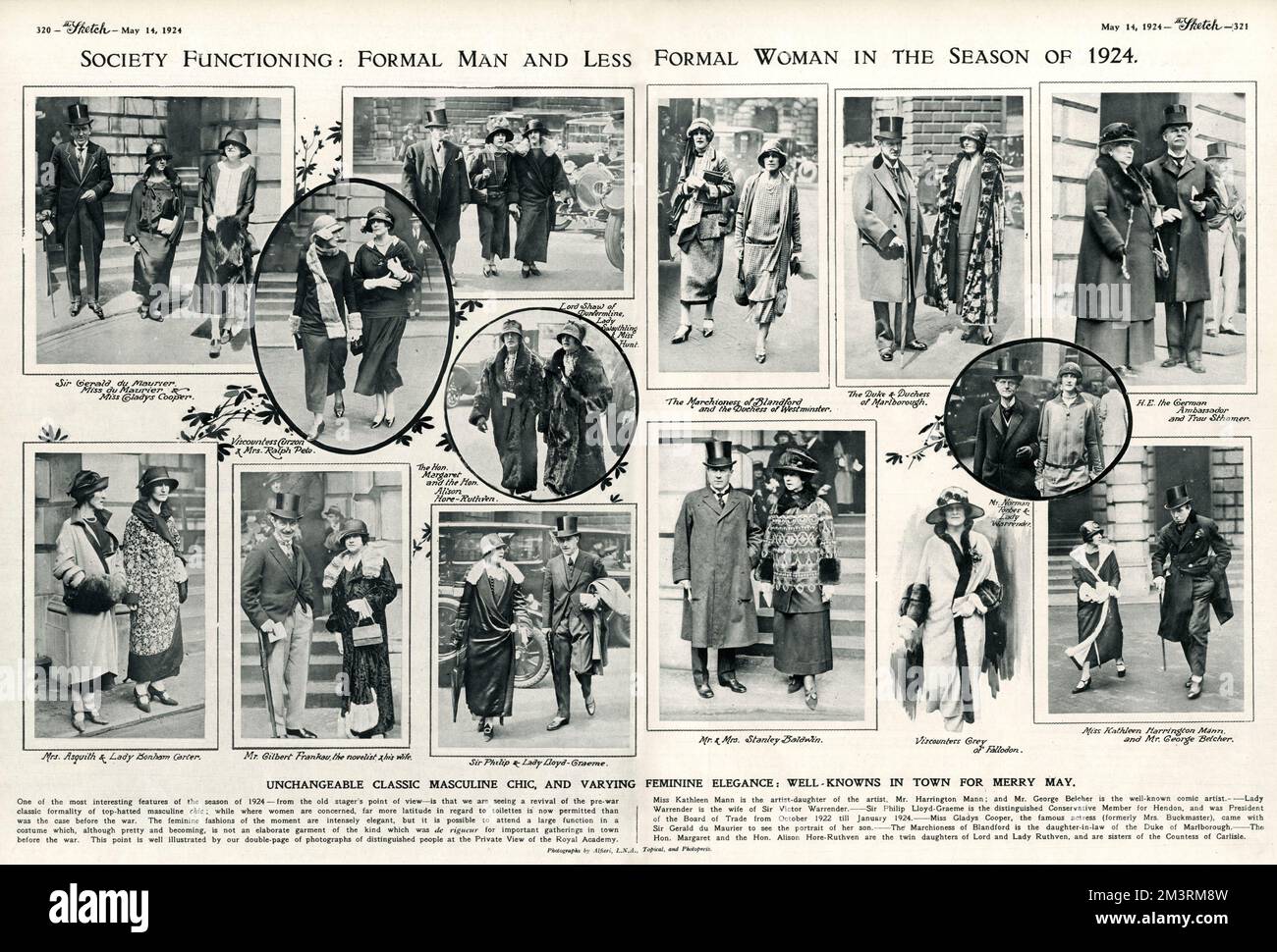 Double page spread from The Sketch featuring photographs of well-known figures in society in London for the summer season, principally at the first event to trigger the annual round of amusements - the private view at the Royal Academy at Burlington House.  Among the individuals pictured here are Sir Gerald du Maurier, Gladys Cooper, Viscountess Curzon, Margot Asquith and Violet Bonham Carter, Gilbert Frankau, Margaret and Alison Hore-Ruthven, the Marchioness of Blandford, the Duchess of Westminster, the Duke and Duchess of Marlborough, Stanley Baldwin, Kathleen Mann and George Belcher.  1924 Stock Photo