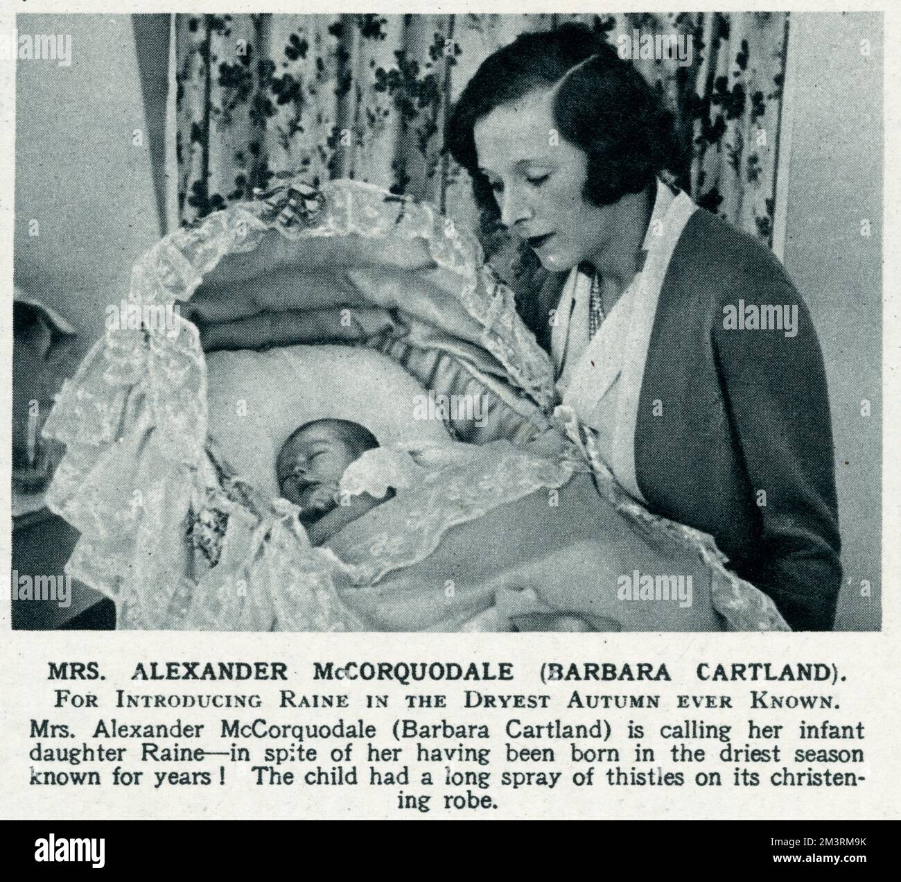 Mrs Alexander McCorquodale, aka prolific writer, Barbara Cartland (1901-2000), pictured with her newborn daughter Raine (1929-2016), later Countess Raine Spencer, stepmother to Diana, Princess of Wales.       Date: 1929 Stock Photo