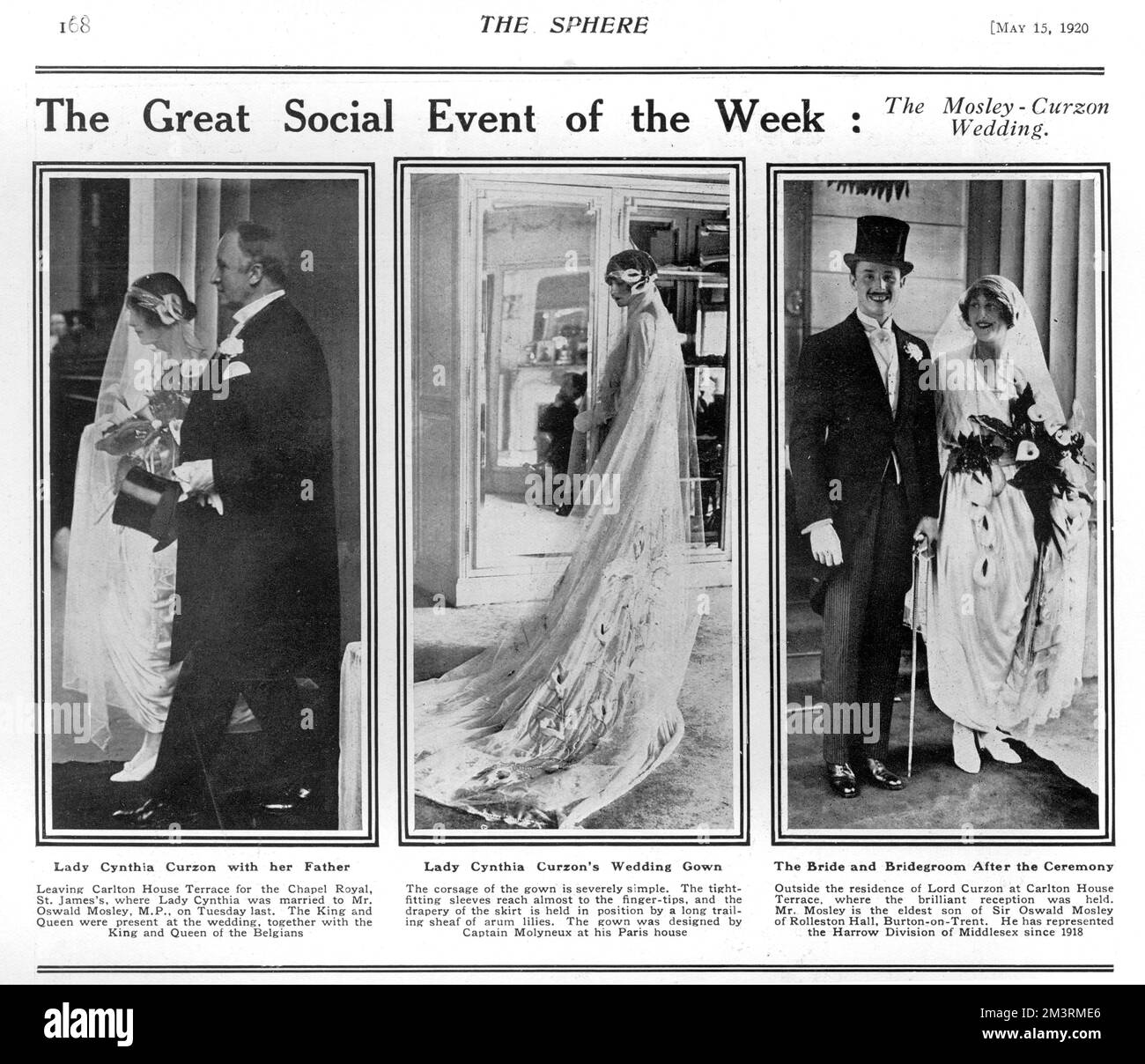 Wedding of Lady Cynthia Curzon and Oswald Mosley in 11 May 1920, as reported in The Sphere magazine.  The left picture shows the bride leaving Carlton House Terrace with her father, Lord Curzon, for the Chapel Royal, St. James's.  Middle photograph shows Cimmie posing in her wedding gown.  According to The Sphere, 'The corsage of the gown is severely simple.  The tight-fitting sleeves reach almost to the finger-tips and the drapery of the skirt is held in position by a long trailing sheaf of arum lilies.'  The gown was designed by Captain Edward Molyneux.  Right hand picture shows the bride an Stock Photo