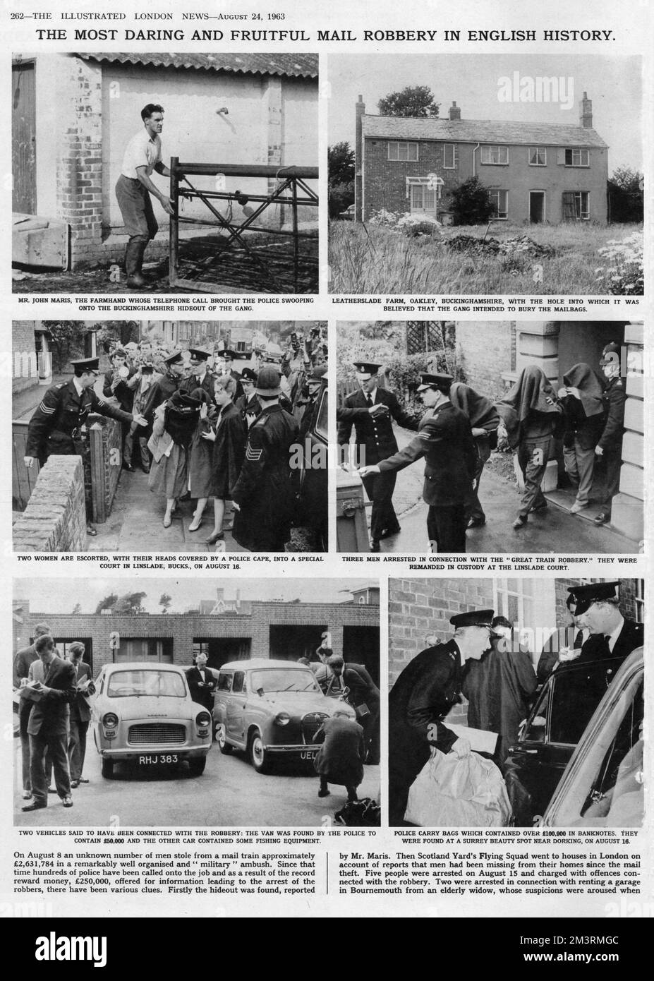 &quot;The most daring and fruitful mail robbery in English History&quot;: a page from The Illustrated London News, detailing the aftermath of the Great Train Robbery of 8th August 1963. Leatherslade Farm is pictured, as well as the arrest of suspects by the police.     Date: August 1963 Stock Photo