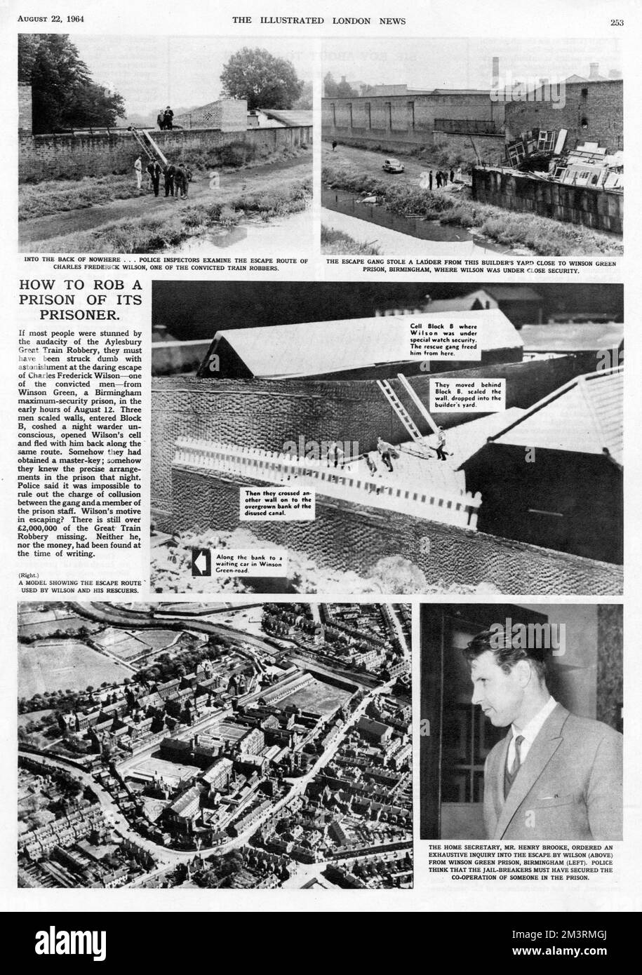 &quot;How to rob a prison of its prisoner&quot;: a page from The Illustrated London News, detailing the escape of Charles Frederick Wilson, one of the gang responsible for the Great Train Robbery of 8th August 1963.     Date: August 1964 Stock Photo