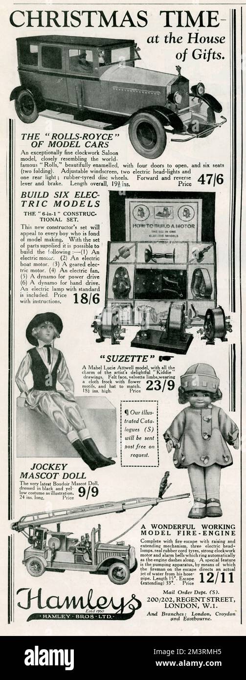 Various toys for girl's and boy's, a clockwork 'Rolls-Royce' model car, with four doors that open and rubber tyres.  Six electric models to build, for any boy.  'Suzette', a mabel Lucie Attwell model with all the charm of the artist delightful drawings.  Jockey mascot doll, dressed in black and yellow costume.  Working model fire-engine, three electric headlamps and alarm bell that rings automatically.  1929 Stock Photo