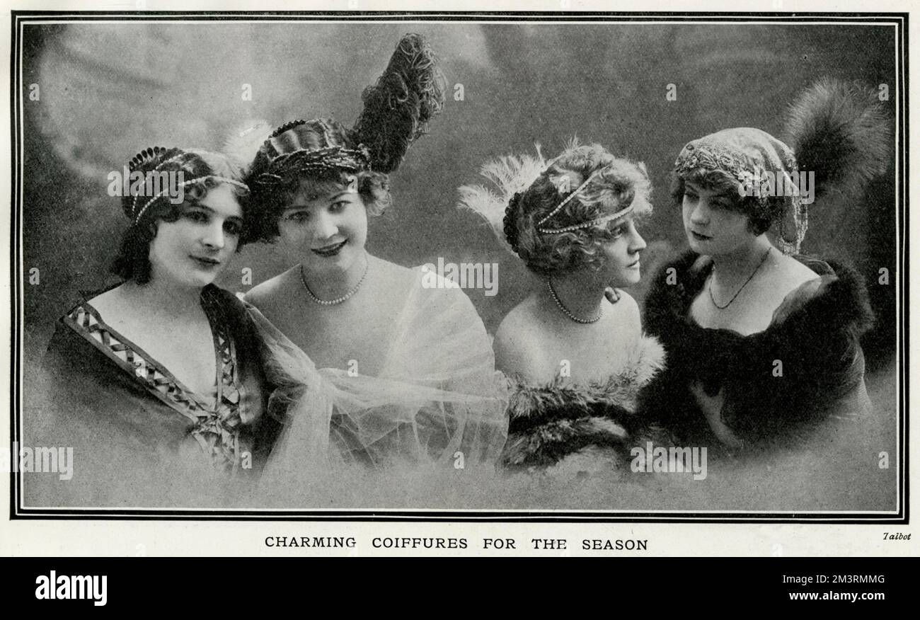 Coiffures and headdresses shown in the photograph were very popular accessories from the latest fashion from Paris.  1912 Stock Photo