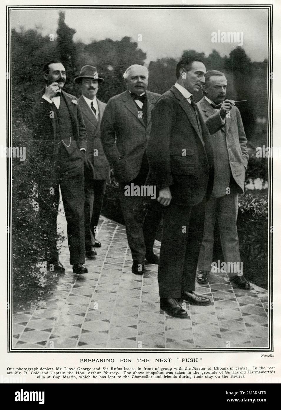 David Lloyd George, at the time, Chancellor of the Exchequer, with Sir Rufus Isaacs and the Master of Elibank (centre), together with Mr R. Cole and Captain the Hon. Arthur Murray staying in the grounds of Sir Harold Harmsworth's villa at Cap Martin on the French Riviera.       Date: 1912 Stock Photo