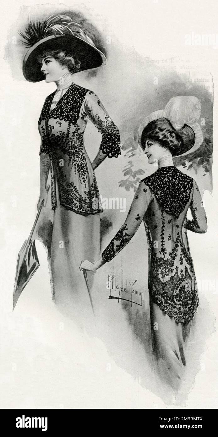 Two models wearing smart distinctive coats that are the must have in fashion, (left) Chantilly lace with a collar of heavy guipure in black, (right) back view of point d' Argentan lace with a pointed collarof guipure lace.  1912 Stock Photo