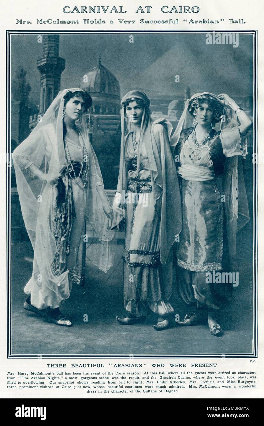 Three guests at The Arabian Nights Ball given by Mrs Harry McCalmont at the Ghezireh Casino in Cairo, Egypt in March 1912.  From left to right: Mrs Philip Atherley, Mrs Trefusis and Miss Burgoyne, three prominent visitors to Cairo and whose beautiful costumes were much admired.       Date: 1912 Stock Photo
