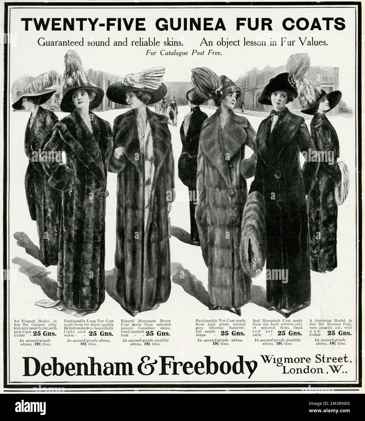 Fashionable women's long fur coats.  1911 Stock Photo