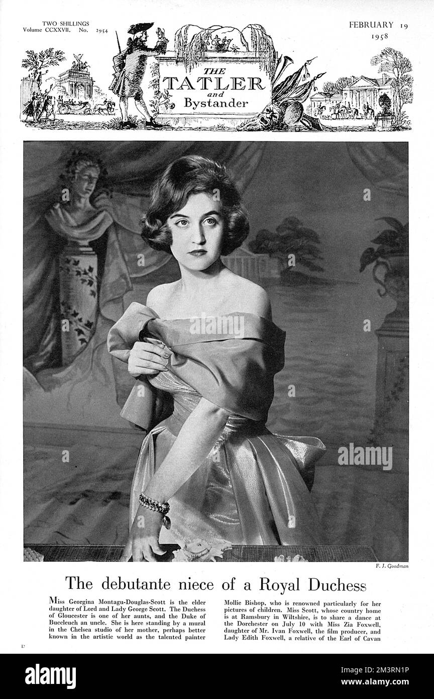Inner front cover of The Tatler magazine's debutante number featuring a portrait of Miss Georgina Montagu-Douglas-Scott , daughter of Lord and Lady George Scott (aka the artist Molly Bishop).  The Tatler reports that she is sharing a dance with Miss Zia Foxwell on 10 July 1958 at the Dorchester.    Georgina is stood in front of a mural painted by her mother.    1958 Stock Photo