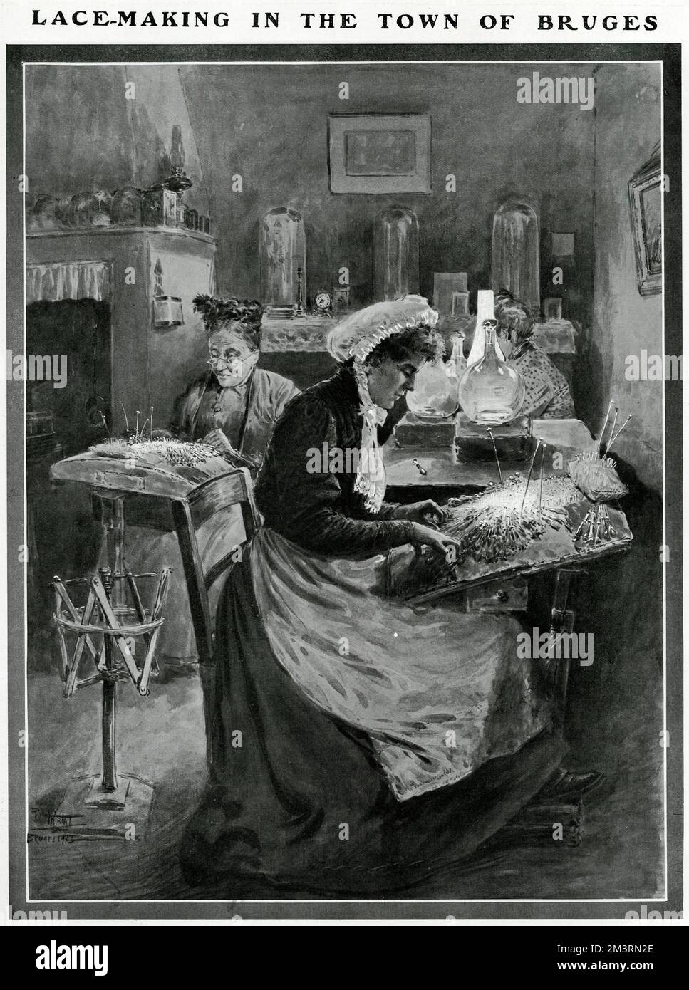 Mid-aged women working in their homes in Fladers on pillow lace-making. Working lots of hours for not much pay from seven in the morning till ten at night.  The pattern is drawn full size on parchment, which is fastened to the pillow made to rest on their knee, parchment pins may be stuck at any required point.  The pattern is then pricked over with pins holes at every point where pins require to be inserted in the sebsequent work of twisting and plaiting.     Date: 1907 Stock Photo