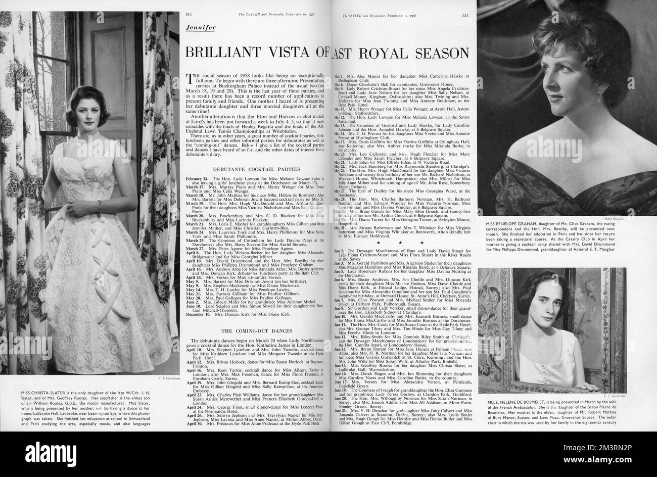 Brilliant vista of last Royal season.  Double page spread from The Tatler magazine listing some of the coming out dances and debutante cocktail parties for the 1958 London Season - significant in being the last year when debutantes were presented at court.  Also featured are three debs of that year, Miss Christa Slater, Miss Penelope Graham and Mlle. Helene de Bosmelet.  1958 Stock Photo