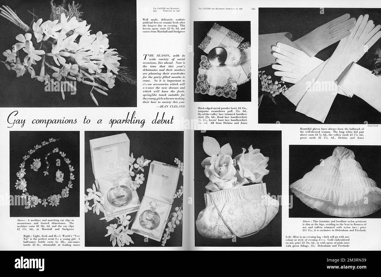 Double page spread from The Tatler suggesting various accessories required by the debutante to ensure a sparkling season!  Clockwise from top left, a spray of artificial flowers from Marshall and Snelgrove, a powder puff and lace trimmed handkerchiefs, long white kid gloves from Dickins and Jones ('the hallmark of the well-dressed woman'), a bouffant nylon petticoat, an evening bag (both from Debenham and Freebody), Ver Toi eau de toilette perfume by Worth and a moonstone and rhinestone necklace by Marshall and Snelgrove.  1958 Stock Photo