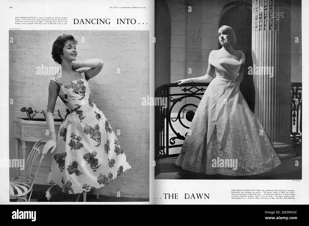 Two suggestions for dance dresses for debutantes for the 1958 Season, the last year in which debs were presented to the Queen at Buckingham Palace.  On the left, 'for summer dances, so many of which are now held in country houses' a short dance dress by Jacque Heim of fine French cotton printed with blue roses.  On the right, for Queen Charlotte's Ball, one of the highlights of the Season, a traditional white ballgown, romantic, full-skirted and sweeping to the ground.  The gown, made of white lace with a fichu and insertions of pale pink organza is by Fontana of Rome.  Pictures photographe Stock Photo