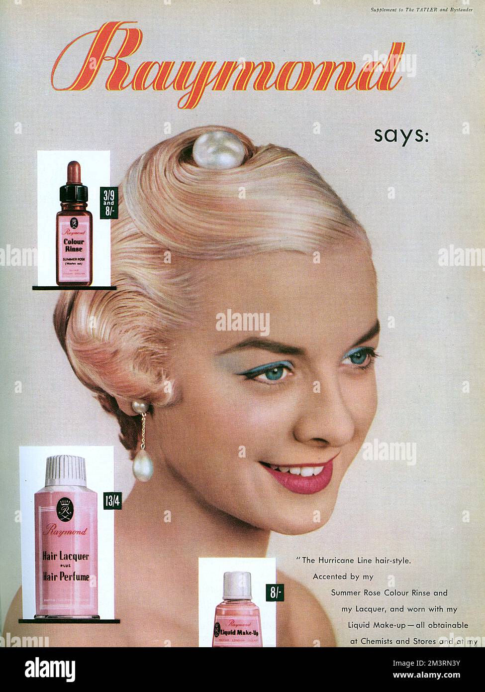 Advertisement for the Hurrican Line hair style, achieved with the help of products from Raymond - a summer rose colour rinse, hair lacquer and liquid make up.  Quite wild for 1958.     Date: 1958 Stock Photo