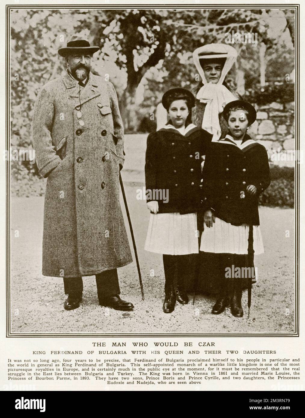 Ferdinand I, King of Bulgaria (1861 - 1948), often known as 'Foxy' with his second wife Eleonore Reuss of K&#x1b3d32;itz and his daughters Princessses Eudoxie and Nadejda.     Date: 1912 Stock Photo