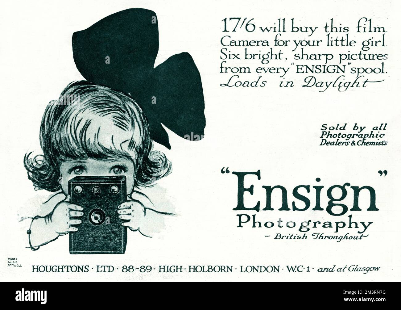 Advertisement for Ensign camera, for children with 'six bright, sharp pictures from every Ensign spool', showing an illustration by Mabel Lucie Attwell of a little girl hiding behind a box camera.  1919 Stock Photo