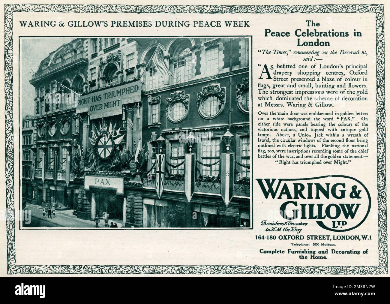 Waring &amp; Gillow, furniture store in Oxford Street, London.  Decorated with a blaze of colour, flags of victorious nations, bunting and flowers with a sign emblazoned in golden letters on a white background with the word 'PAX'. In the centre the Union Jack within a wreath of laurel and words above 'Right has Triumphed Over Might.     Date: August 1919 Stock Photo