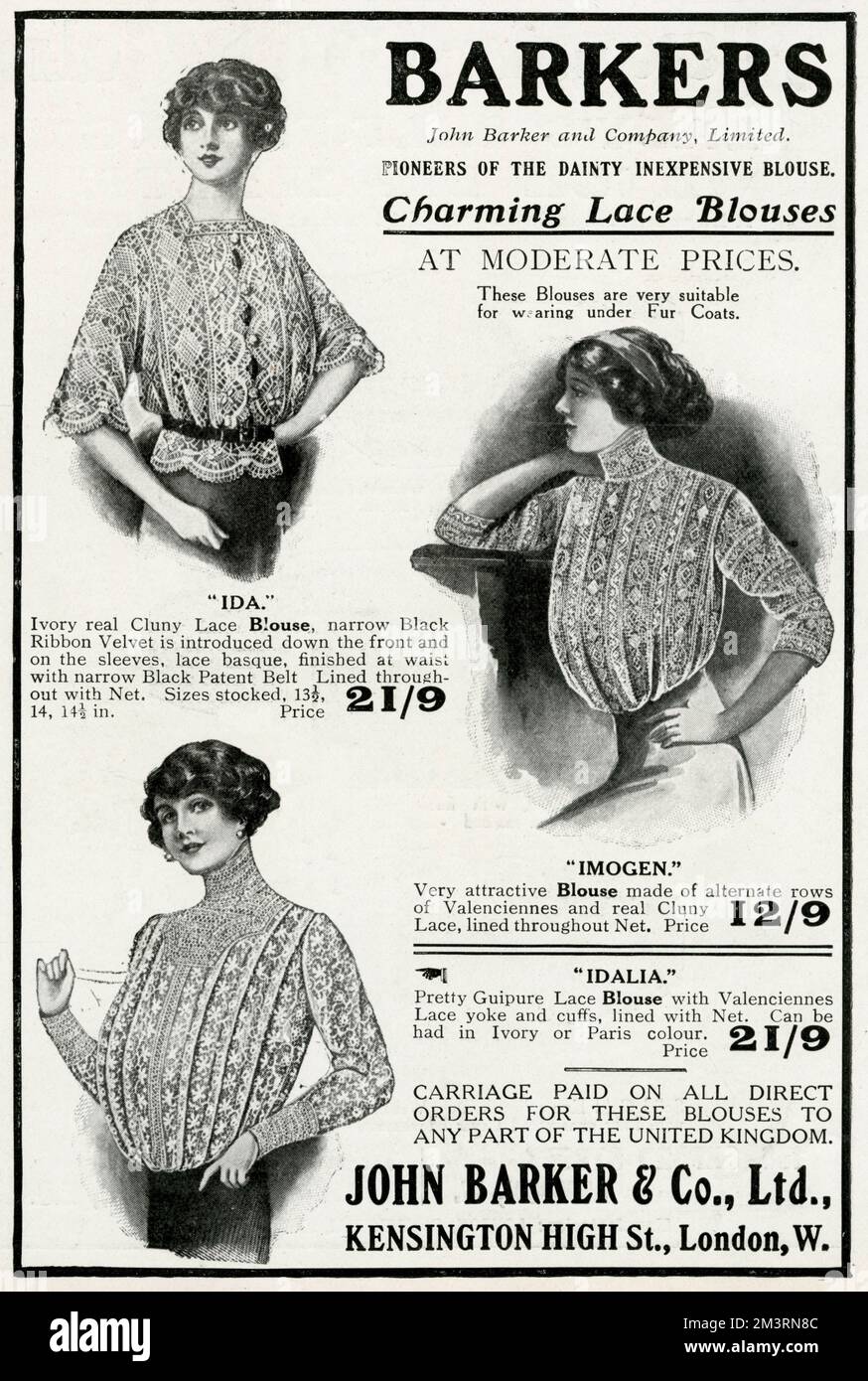 Three women wearing laced blouses, in ivory with black ribbon velvet introduced down the front and scallop edging, high neck of alternate rows of Valenciennes lined thoughout the net, Guipure lace blouse with Valenciennes lace yoke and cuffs lined in net.  1912 Stock Photo