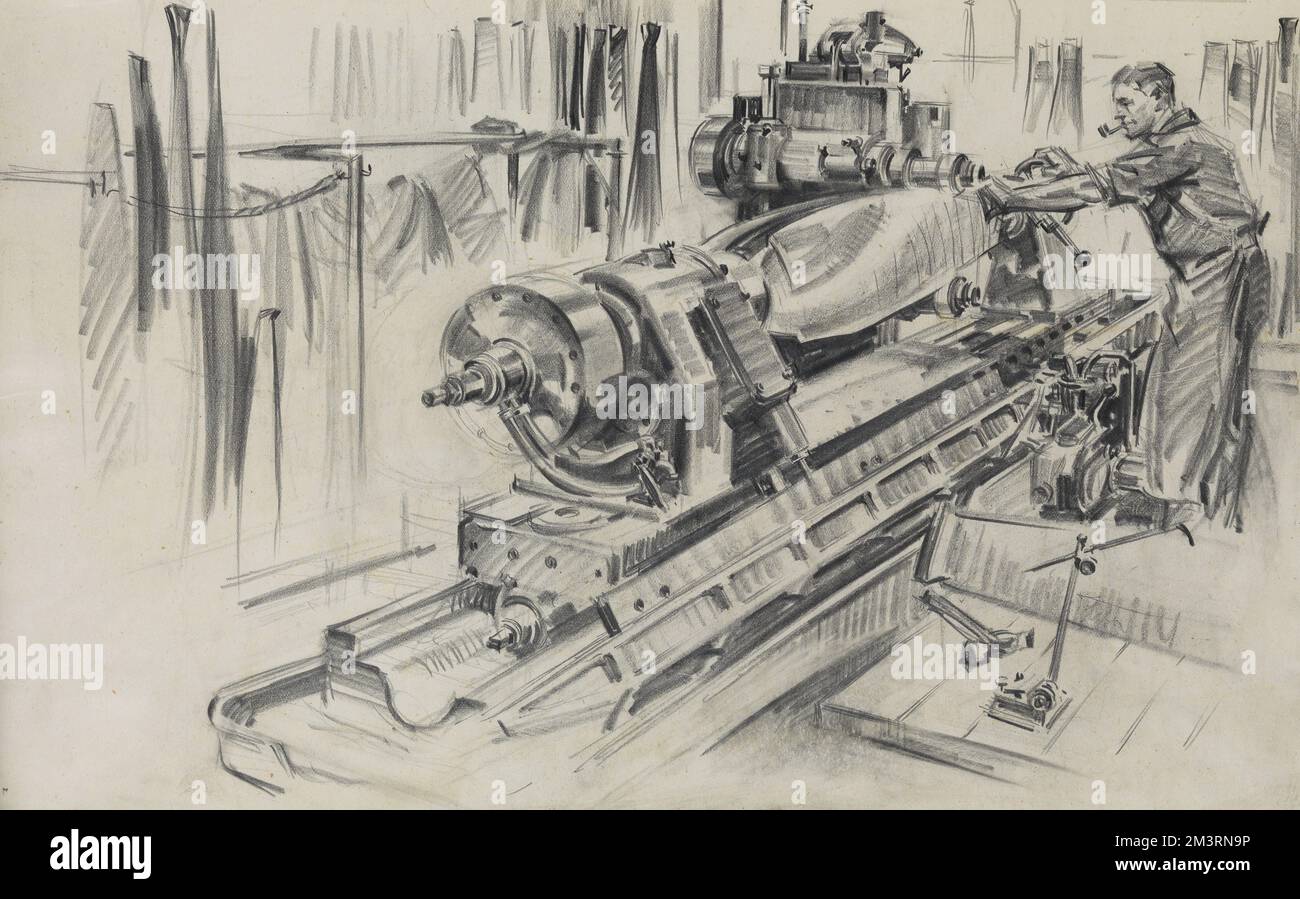 Propellers for Britain's Warplanes: Machining the Blades - The Edge-milling process, in which upper and lower fixed rotary cutters mill the leading and trailing edges of the blade as it moves along the bed of the machine, faithfully reproducing the plan form - Published in the Illustrated London News 13./11/1943   1943 Stock Photo