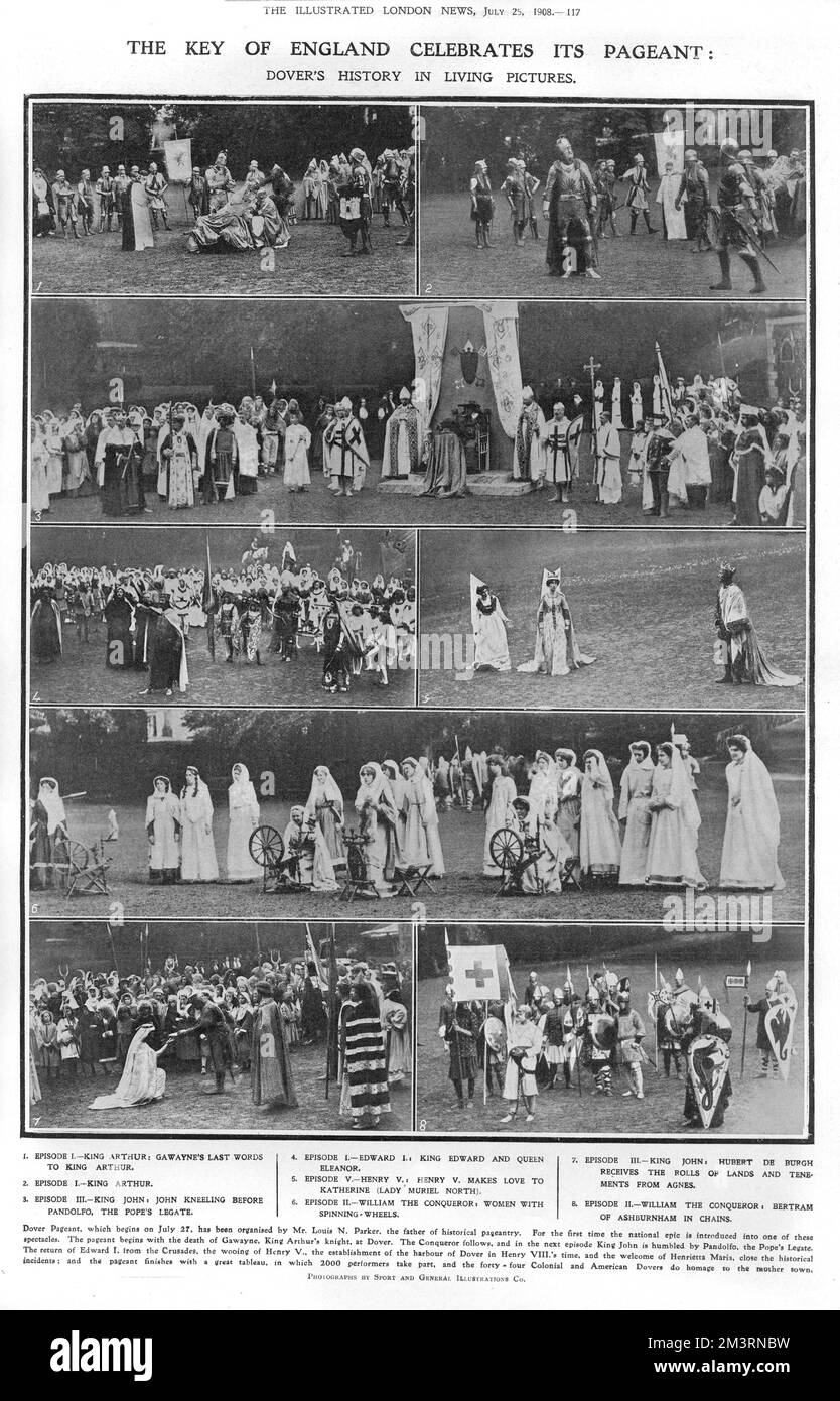 The Key of England (Dover Castle) celebrates its pageant: Dover's history in living pictures, 1908. 1 - Gawayne's last words to King Arthur; 2 - King Arthur; 3 - King John kneeling before Pandolfo, the Pope's Legate; 4 - King Edward I and Queen Eleanor; 5 - Henry V makes love to Katherine; 6 - William the Conqueror, women with spinning wheels; 7 - King John, Hubert de Burgh receives the rolls of lands and tenements from Agnes; 8 - William the Conqueror, Bertram of Ashburnham in chains.     Date: 1908 Stock Photo